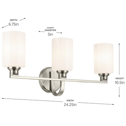 Kichler Gioe 3-Light 24in Vanity Light | Modern Brushed Nickel & White Glass | Bathroom Vanity Light | 120V, Dimmable, 3-Bulbs | Model 55226NI