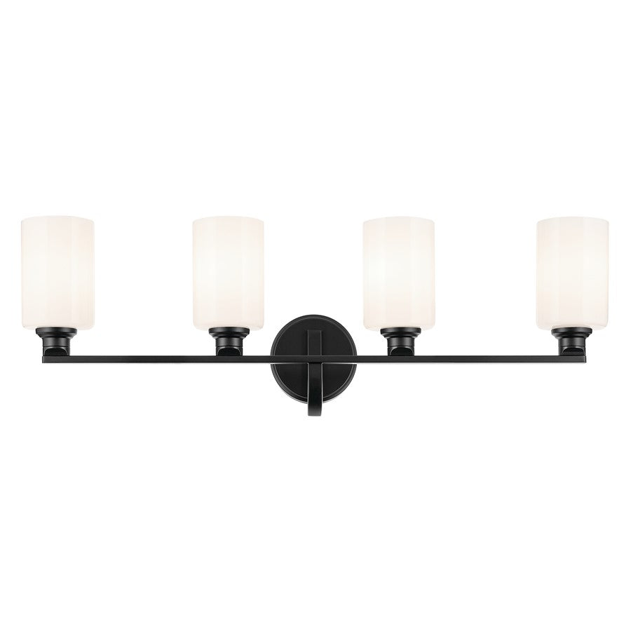 Kichler Gioe 32.25in 4-Light Bathroom Vanity Light | Modern Black Steel & White Glass | Primary & Guest Bath Vanity Light | 4 Bulbs 60W Max | Model 55227BK
