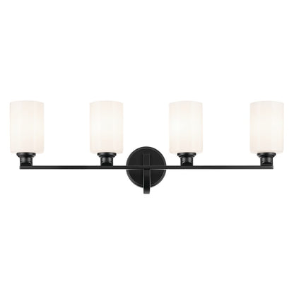 Kichler Gioe 32.25in 4-Light Bathroom Vanity Light | Modern Black Steel & White Glass | Primary & Guest Bath Vanity Light | 4 Bulbs 60W Max | Model 55227BK