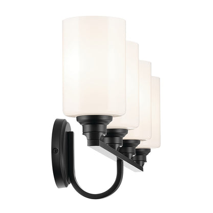 Kichler Gioe 32.25in 4-Light Bathroom Vanity Light | Modern Black Steel & White Glass | Primary & Guest Bath Vanity Light | 4 Bulbs 60W Max | Model 55227BK