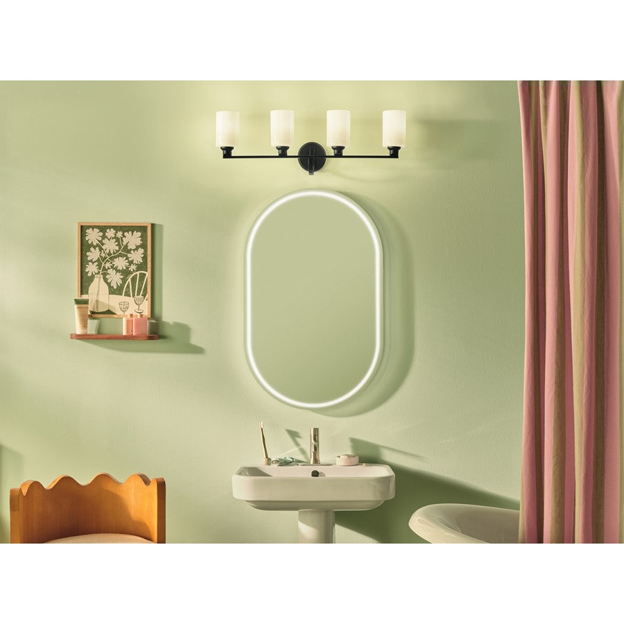 Kichler Gioe 32.25in 4-Light Bathroom Vanity Light | Modern Black Steel & White Glass | Primary & Guest Bath Vanity Light | 4 Bulbs 60W Max | Model 55227BK