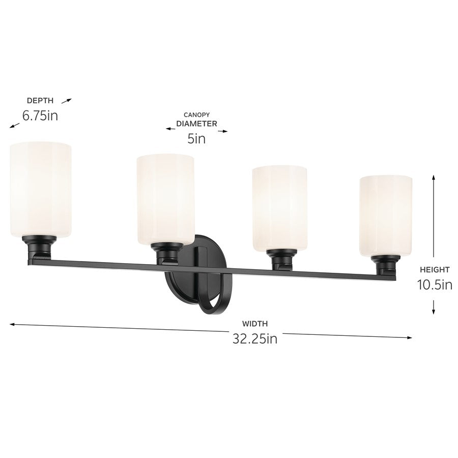 Kichler Gioe 32.25in 4-Light Bathroom Vanity Light | Modern Black Steel & White Glass | Primary & Guest Bath Vanity Light | 4 Bulbs 60W Max | Model 55227BK