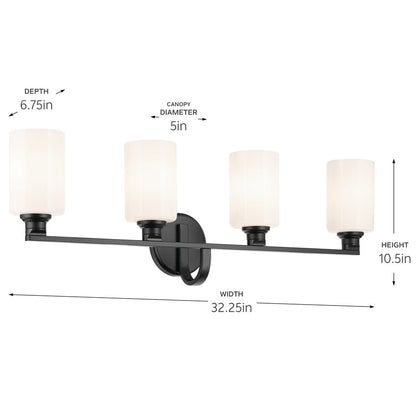 Kichler Gioe 32.25in 4-Light Bathroom Vanity Light | Modern Black Steel & White Glass | Primary & Guest Bath Vanity Light | 4 Bulbs 60W Max | Model 55227BK