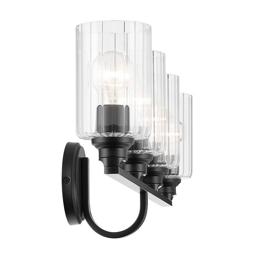 Kichler Gioe 32in Wide 4-Light Vanity Light | Modern Black Steel & Clear Fluted Glass | Bathroom Vanity Light | (4) Bulbs 60W | Model 55227BKFLU
