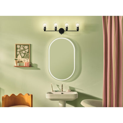 Kichler Gioe 32in Wide 4-Light Vanity Light | Modern Black Steel & Clear Fluted Glass | Bathroom Vanity Light | (4) Bulbs 60W | Model 55227BKFLU