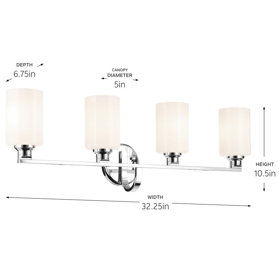 Kichler Gioe 32in 4-Light Bath Vanity | Modern Chrome Steel & White Glass | Bathroom Vanity & Hallway Light | Dimmable 120V, 4A-Type Bulbs | Model 55227CH