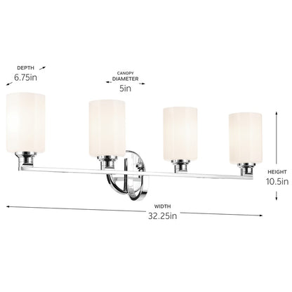 Kichler Gioe 32in 4-Light Bath Vanity | Modern Chrome Steel & White Glass | Bathroom Vanity & Hallway Light | Dimmable 120V, 4A-Type Bulbs | Model 55227CH
