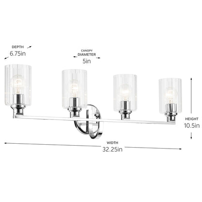 Kichler Gioe 32in Wide 4-Light Vanity Light | Modern Chrome & Clear Fluted Glass | Bathroom Vanity & Dressing Room | 480W Incandescent | Model 55227CHFLU