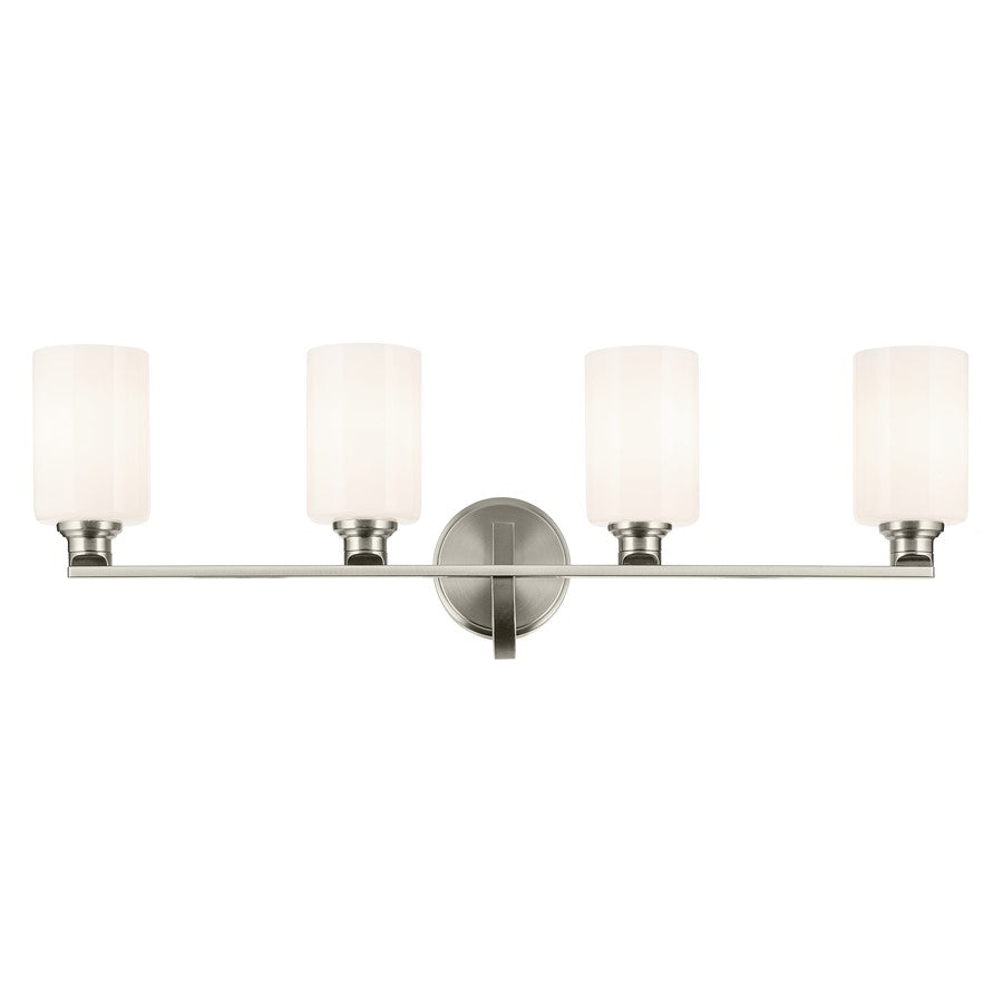 Kichler Gioe 32in Wide 4-Light Bathroom Vanity Light | Modern Brushed Nickel & White Opal Glass | Master Bath & Double Vanity | Dimmable | Model 55227NI