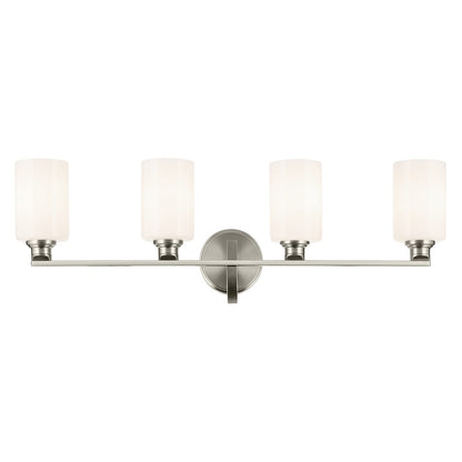 Kichler Gioe 32in Wide 4-Light Bathroom Vanity Light | Modern Brushed Nickel & White Opal Glass | Master Bath & Double Vanity | Dimmable | Model 55227NI