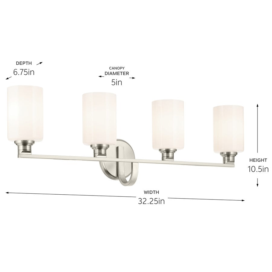 Kichler Gioe 32in Wide 4-Light Bathroom Vanity Light | Modern Brushed Nickel & White Opal Glass | Master Bath & Double Vanity | Dimmable | Model 55227NI