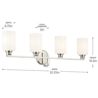 Kichler Gioe 32in Wide 4-Light Bathroom Vanity Light | Modern Brushed Nickel & White Opal Glass | Master Bath & Double Vanity | Dimmable | Model 55227NI