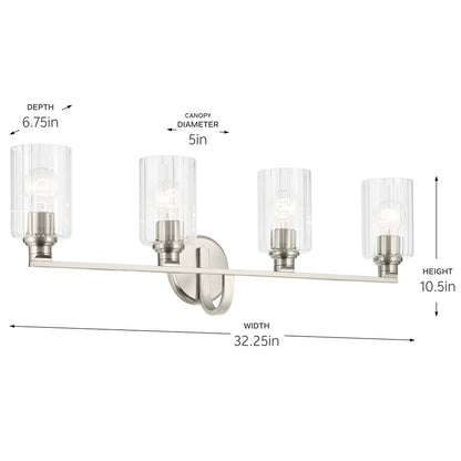 Kichler Gioe 32.25in 4-Light Bathroom Vanity Light | Modern Brushed Nickel & Clear Fluted Glass | Bathroom Vanity & Hallway Lighting | Model 55227NIFLU