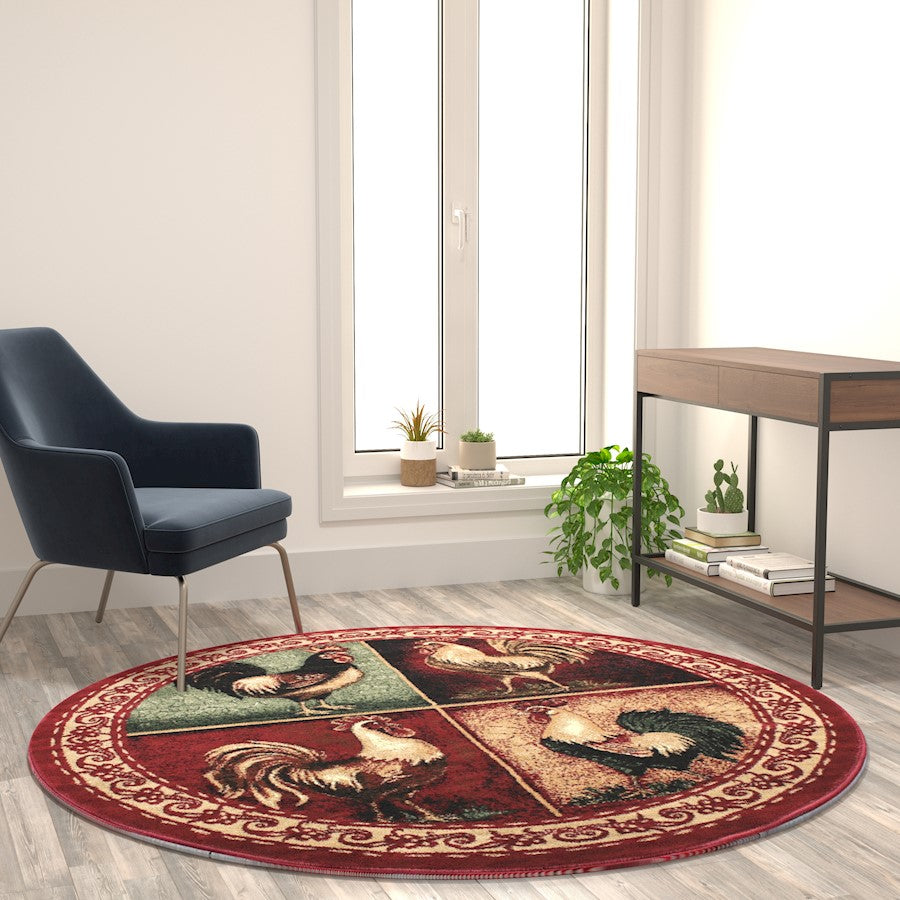 Flash Furniture Gallus 6X6 Round Rooster Area Rug, Red