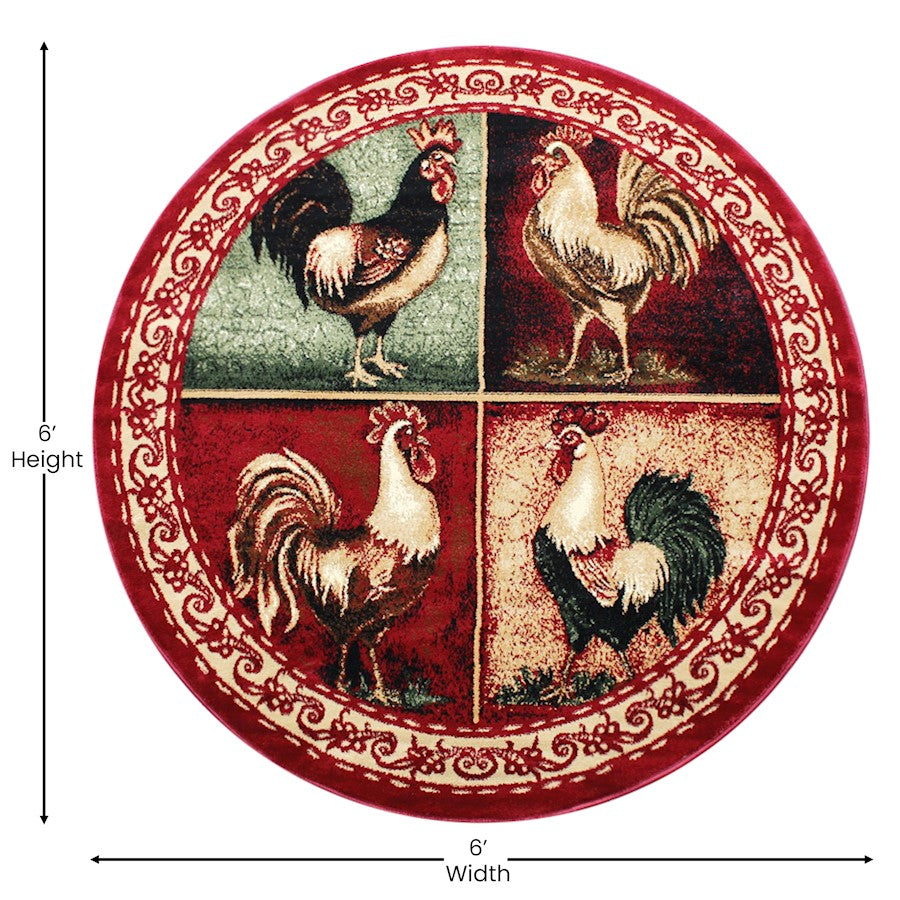 Flash Furniture Gallus 6X6 Round Rooster Area Rug, Red
