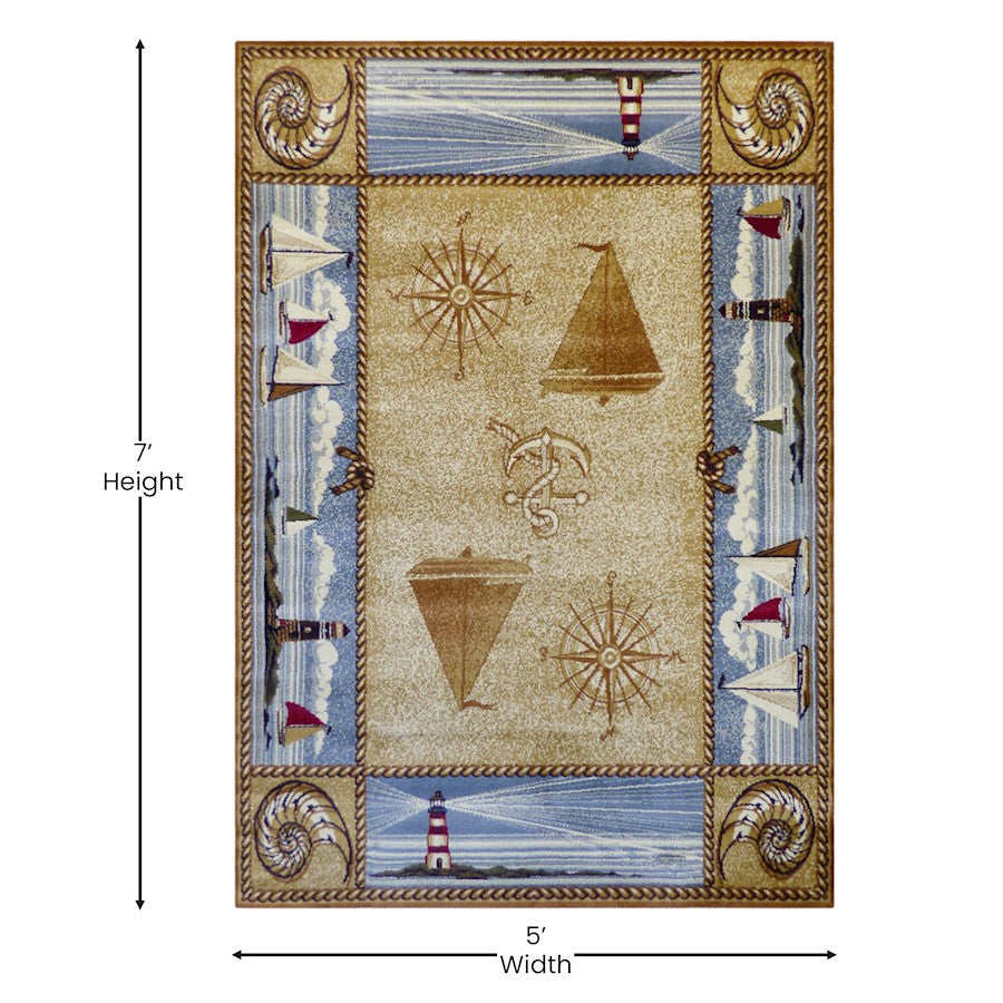 Flash Furniture Sovalye 5X7 Nautical Area Rug, Beige
