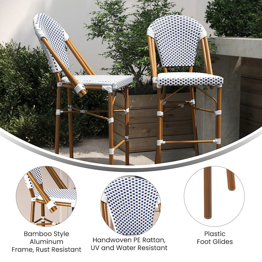 Flash Lourdes 30" French Barstool, White/Navy
