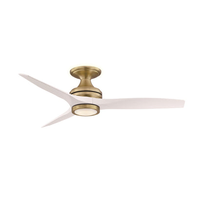 Fanimation Spitfire 48in Flush 3-Blade LED Ceiling Fan | Brushed Satin Brass and Matte White Buttonwood | Low Ceilings | Model FP6721BBS-48MW-LK-F