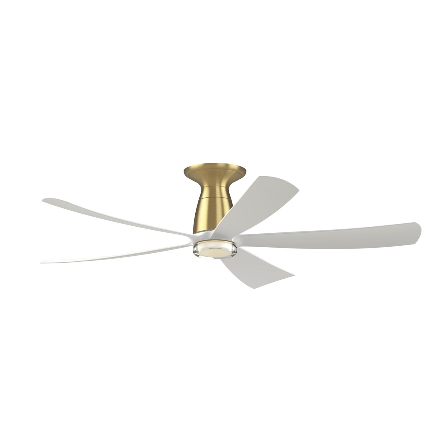 Fanimation Kute5 52in Flush Smart Ceiling Fan | Brushed Satin Brass and Matte White Composite Blades | Covered Patio | Model FPD5534BS-DWLK-F