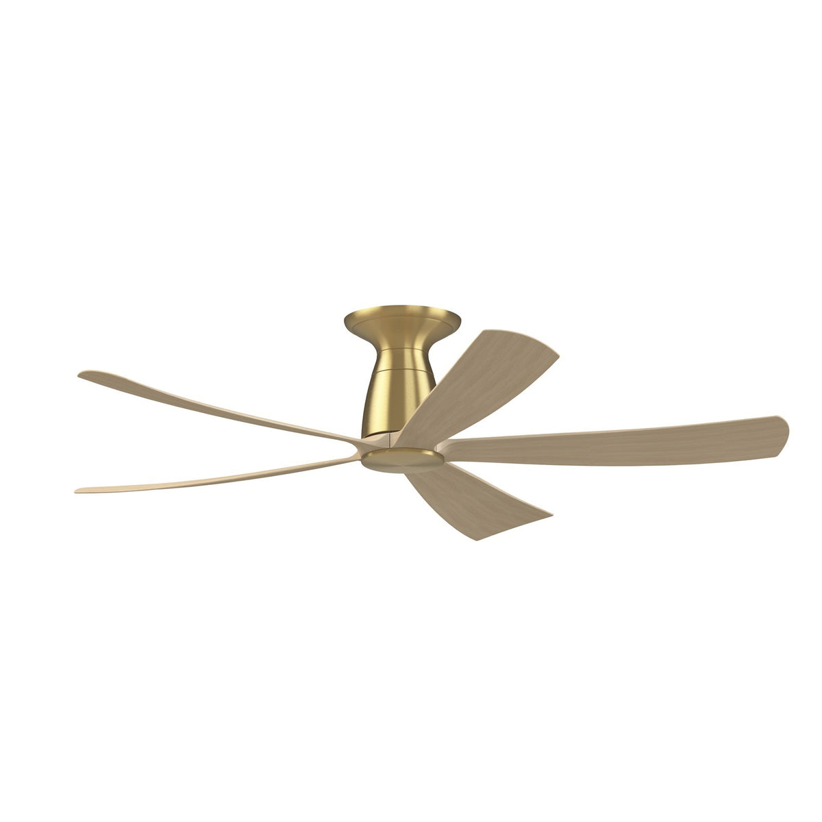Fanimation Kute5 52in Flush Smart Ceiling Fan | Contemporary Brushed Satin Brass and Natural Blades | Low Ceiling Bedroom | Model FPD5534BSN-F