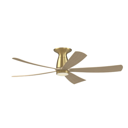 Fanimation Kute5 52in Flush Smart Ceiling Fan | Brushed Satin Brass and Natural Composite Blades | Covered Patio & Bedroom | Model FPD5534BSN-KLK-F