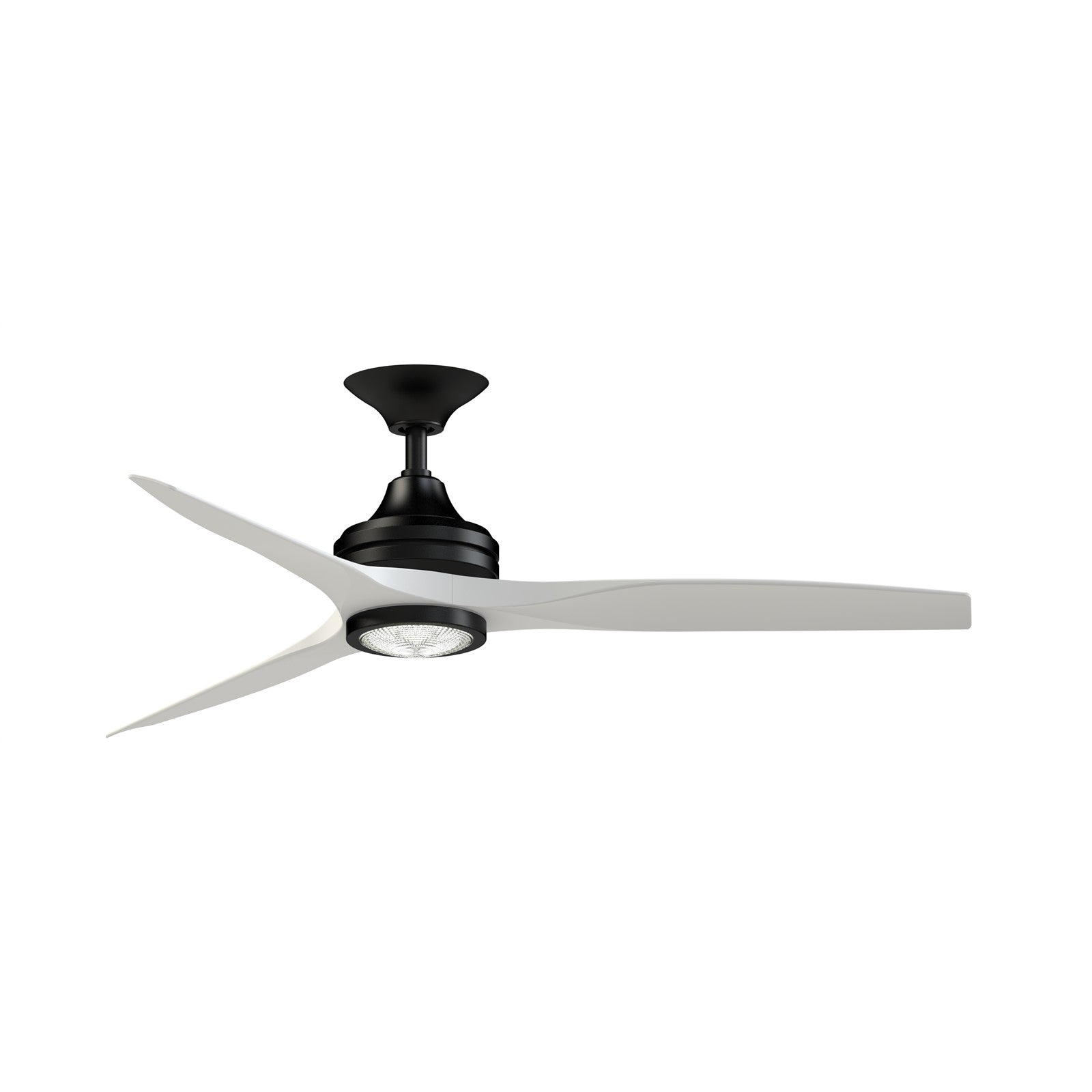 Fanimation Spitfire DC Custom 54in Downrod Smart Ceiling Fan with LED Light | Black and Matte White Buttonwood | Covered | Model FPD6721BBL-54MW-LK