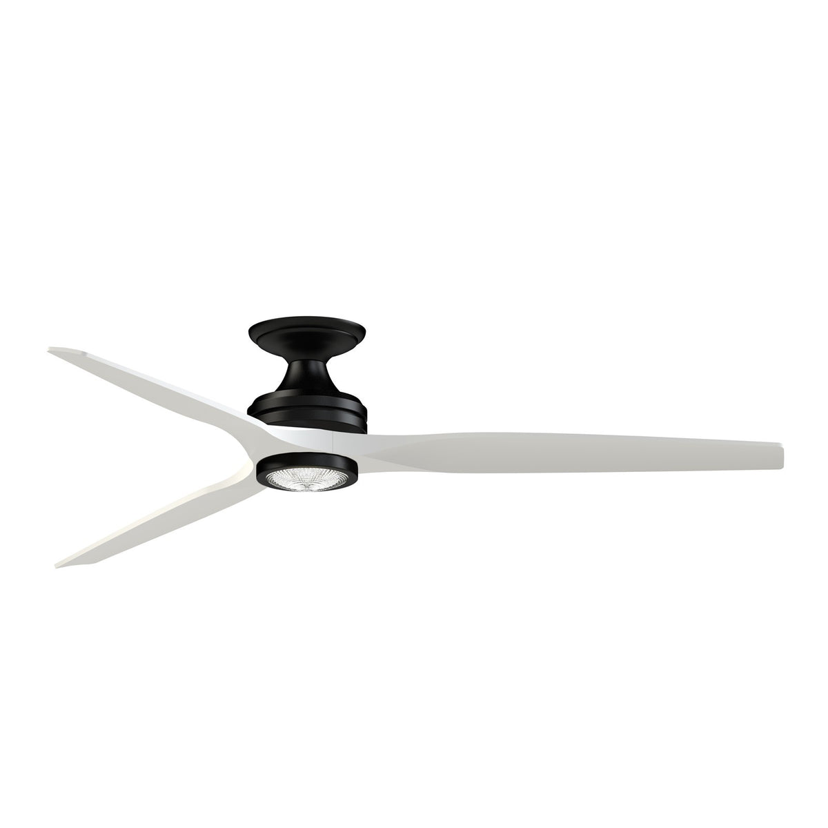 Fanimation Spitfire 64in Flush Ceiling Fan with LED Light | Modern Black and Matte White Buttonwood | Covered Patio | Model FPD6721BBL-64MW-LK-F