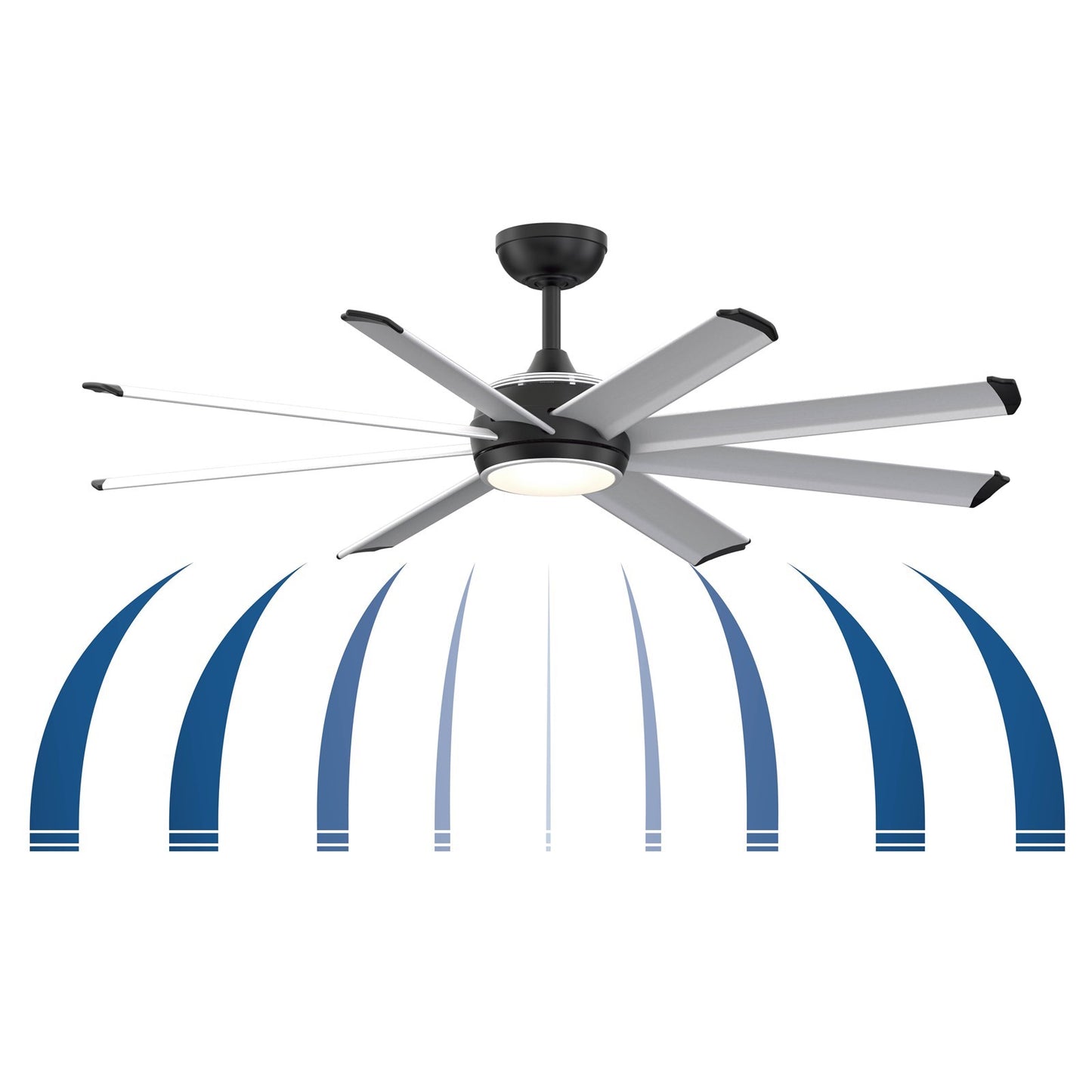 Fanimation Stellar Custom 56in 8-Light Ceiling Fan | Silver and Black Aluminum Blades | Wet Rated Indoor/Outdoor | Model FPD7997SLW-56BLW