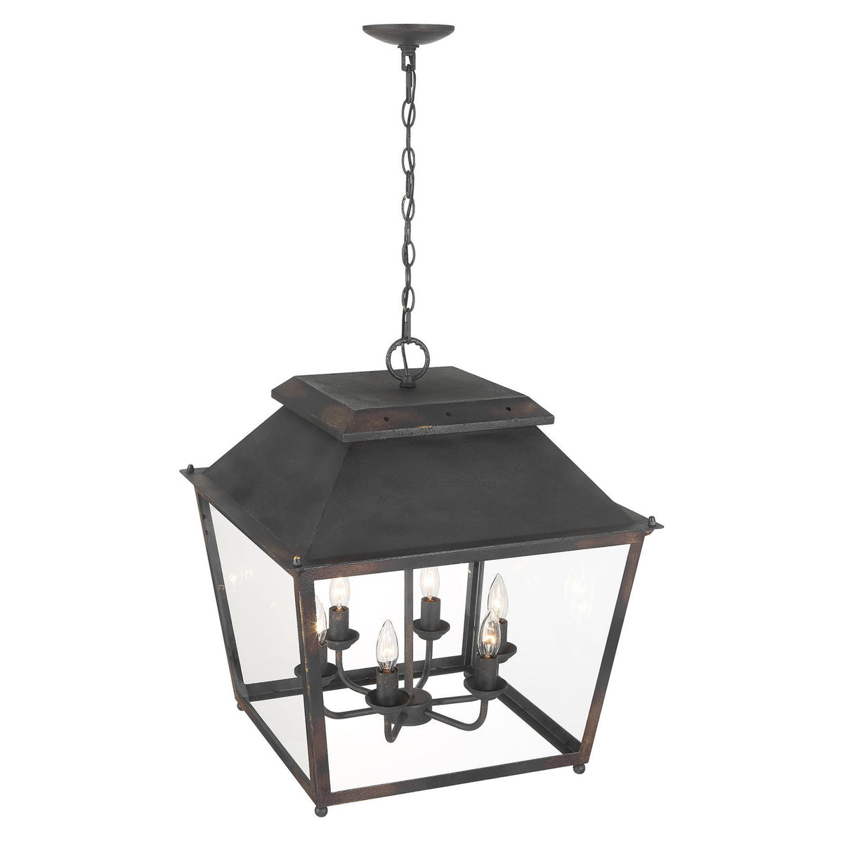Golden Lighting Abingdon 21in 6-Light Pendant | Farmhouse Antique Black Iron and Clear Glass | Kitchen Island & Foyer | Model 0804-6P ABI