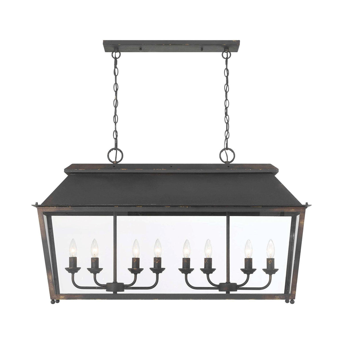 Golden Lighting Abingdon 42in 8-Light Island Light | Farmhouse Antique Black Iron and Clear Glass | Kitchen Island & Dining Room | Model 0804-LP ABI