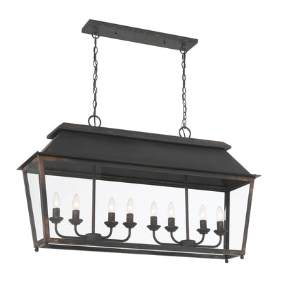Golden Lighting Abingdon 42in 8-Light Island Light | Farmhouse Antique Black Iron and Clear Glass | Kitchen Island & Dining Room | Model 0804-LP ABI