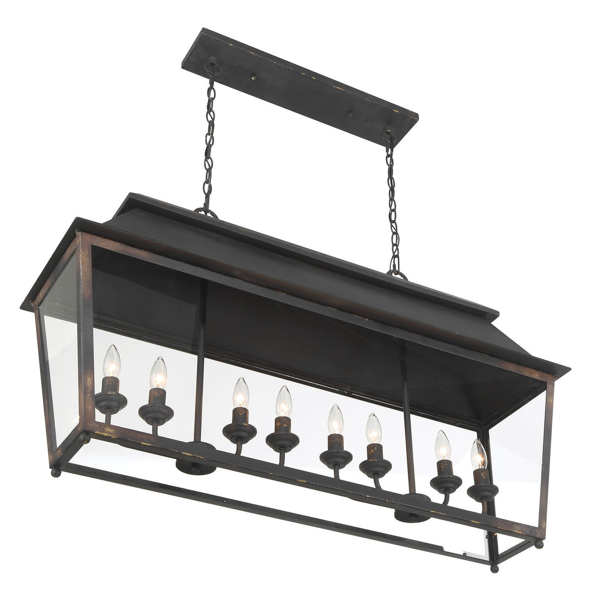 Golden Lighting Abingdon 42in 8-Light Island Light | Farmhouse Antique Black Iron and Clear Glass | Kitchen Island & Dining Room | Model 0804-LP ABI