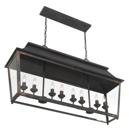 Golden Lighting Abingdon 42in 8-Light Island Light | Farmhouse Antique Black Iron and Clear Glass | Kitchen Island & Dining Room | Model 0804-LP ABI