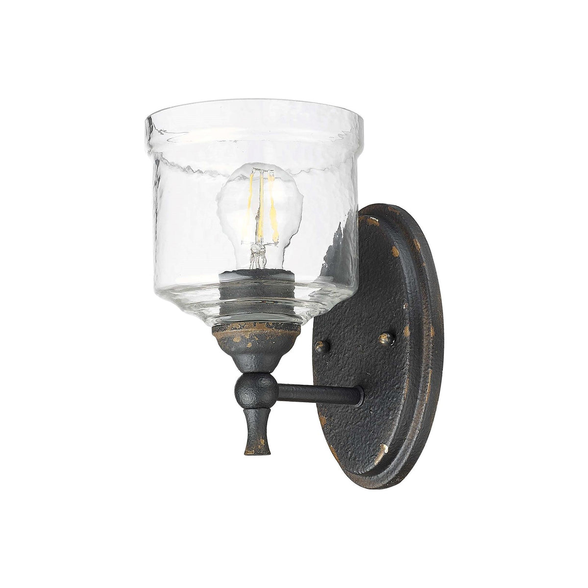 Golden Lighting Keating 1-Light Wall Sconce | Farmhouse Antique Black Iron and Hammered Water Glass | Hallway & Bathroom | Model 0806-1W ABI-HWG