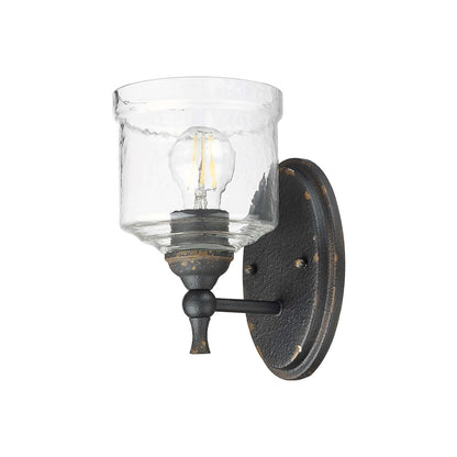Golden Lighting Keating 1-Light Wall Sconce | Farmhouse Antique Black Iron and Hammered Water Glass | Hallway & Bathroom | Model 0806-1W ABI-HWG