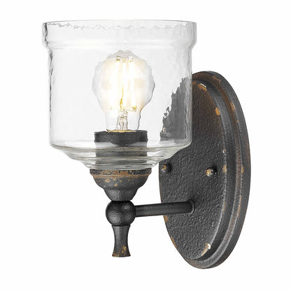 Golden Lighting Keating 1-Light Wall Sconce | Farmhouse Antique Black Iron and Hammered Water Glass | Hallway & Bathroom | Model 0806-1W ABI-HWG