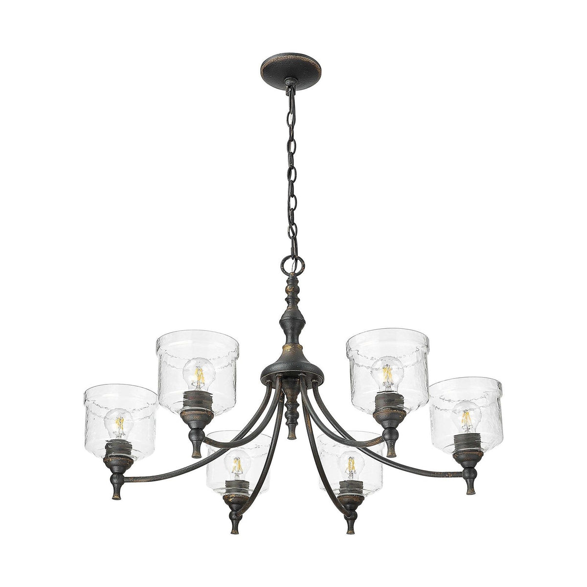 Golden Lighting Keating 33in 6-Light Chandelier | Farmhouse Antique Black Iron and Hammered Water Glass | Dining Room & Foyer | Model 0806-6 ABI-HWG