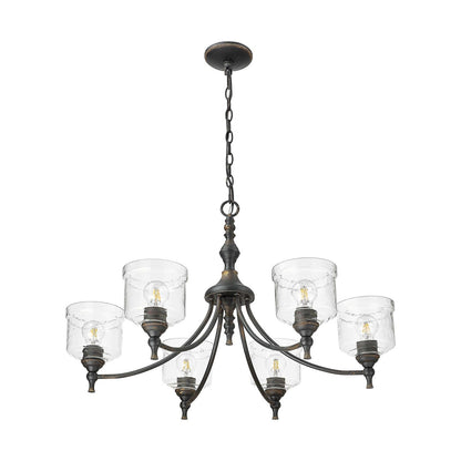 Golden Lighting Keating 33in 6-Light Chandelier | Farmhouse Antique Black Iron and Hammered Water Glass | Dining Room & Foyer | Model 0806-6 ABI-HWG