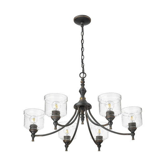 Golden Lighting Keating 33in 6-Light Chandelier | Farmhouse Antique Black Iron and Hammered Water Glass | Dining Room & Foyer | Model 0806-6 ABI-HWG