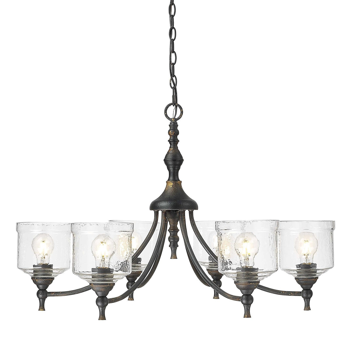 Golden Lighting Keating 33in 6-Light Chandelier | Farmhouse Antique Black Iron and Hammered Water Glass | Dining Room & Foyer | Model 0806-6 ABI-HWG