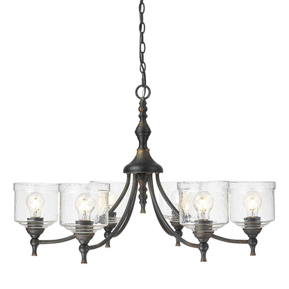 Golden Lighting Keating 33in 6-Light Chandelier | Farmhouse Antique Black Iron and Hammered Water Glass | Dining Room & Foyer | Model 0806-6 ABI-HWG