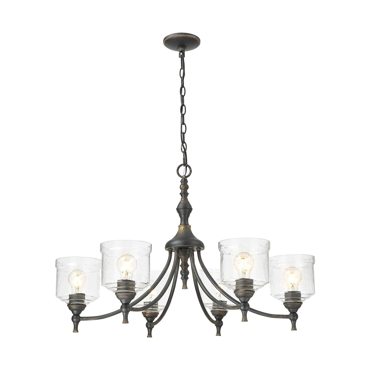 Golden Lighting Keating 33in 6-Light Chandelier | Farmhouse Antique Black Iron and Hammered Water Glass | Dining Room & Foyer | Model 0806-6 ABI-HWG