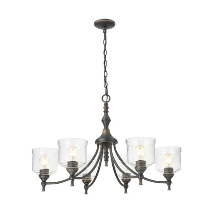 Golden Lighting Keating 33in 6-Light Chandelier | Farmhouse Antique Black Iron and Hammered Water Glass | Dining Room & Foyer | Model 0806-6 ABI-HWG