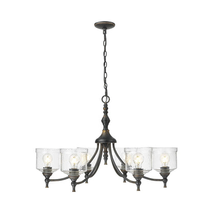 Golden Lighting Keating 33in 6-Light Chandelier | Farmhouse Antique Black Iron and Hammered Water Glass | Dining Room & Foyer | Model 0806-6 ABI-HWG