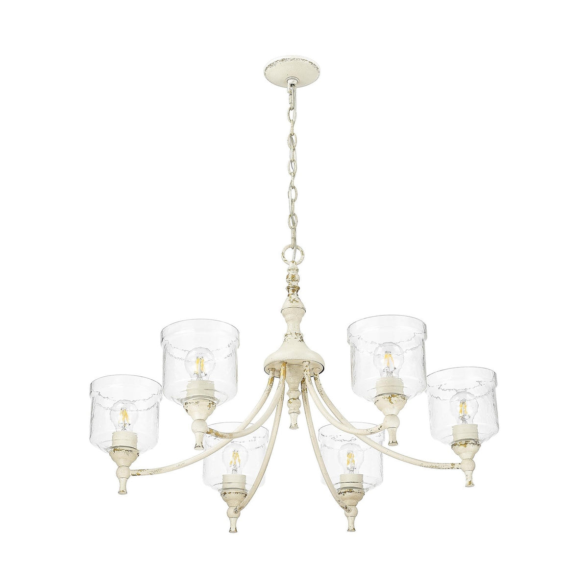 Golden Lighting Keating 33in 6-Light Chandelier | Farmhouse Antique Ivory and Hammered Water Glass | Dining Room & Foyer | Model 0806-6 AI-HWG