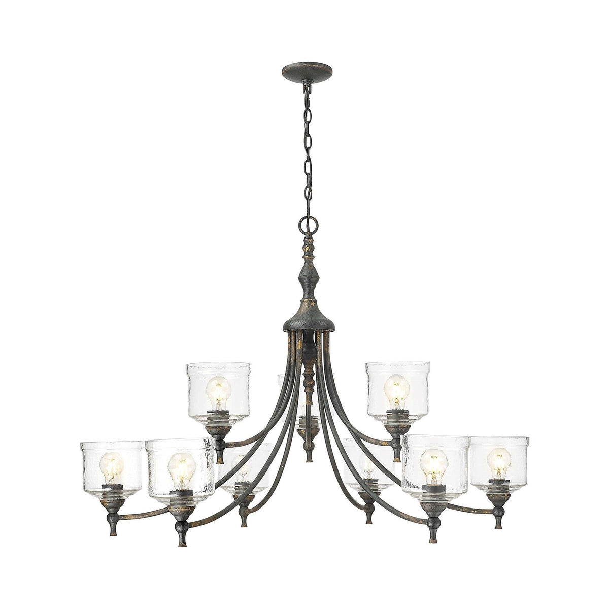 Golden Lighting Keating 44in 9-Light Chandelier | Farmhouse Antique Black Iron and Hammered Water Glass | Dining Room & Foyer | Model 0806-9 ABI-HWG