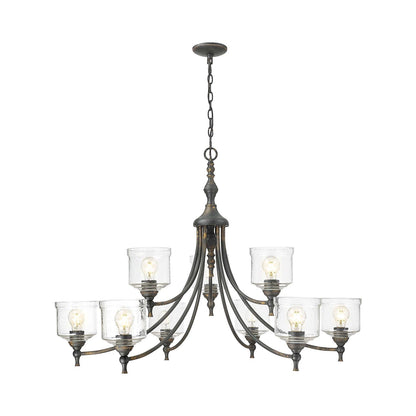 Golden Lighting Keating 44in 9-Light Chandelier | Farmhouse Antique Black Iron and Hammered Water Glass | Dining Room & Foyer | Model 0806-9 ABI-HWG