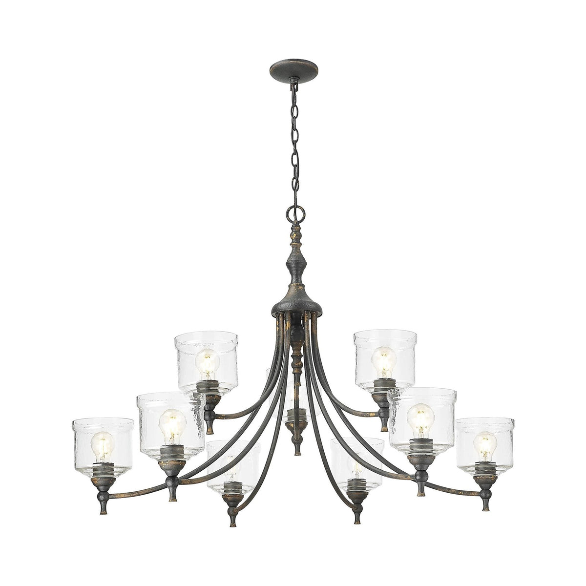 Golden Lighting Keating 44in 9-Light Chandelier | Farmhouse Antique Black Iron and Hammered Water Glass | Dining Room & Foyer | Model 0806-9 ABI-HWG