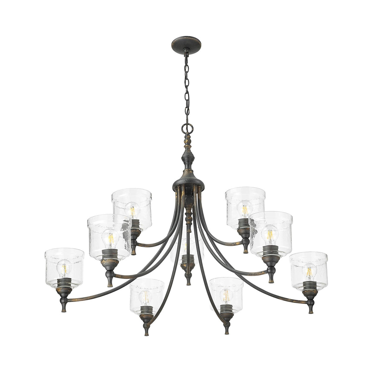 Golden Lighting Keating 44in 9-Light Chandelier | Farmhouse Antique Black Iron and Hammered Water Glass | Dining Room & Foyer | Model 0806-9 ABI-HWG