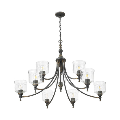 Golden Lighting Keating 44in 9-Light Chandelier | Farmhouse Antique Black Iron and Hammered Water Glass | Dining Room & Foyer | Model 0806-9 ABI-HWG